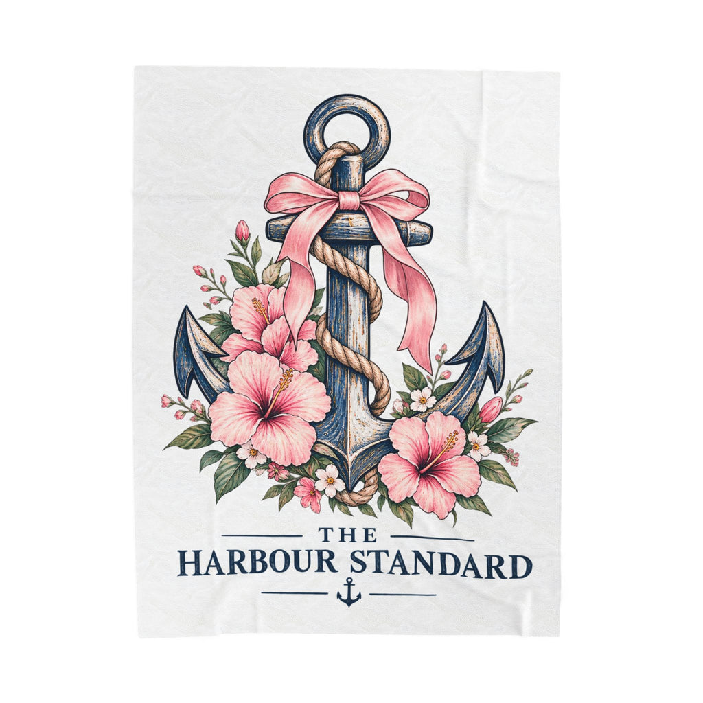 Anchor & Hibiscus Velveteen Plush Blanket — "The Harbour Standard" Nautical Throw