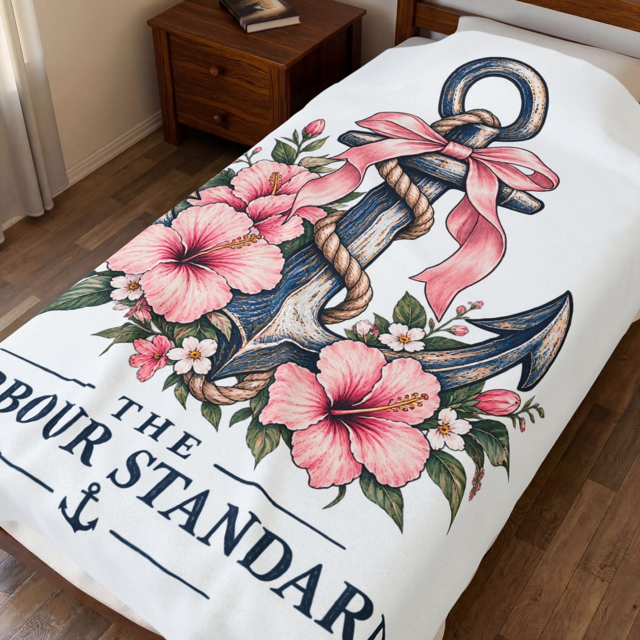 Anchor & Hibiscus Velveteen Plush Blanket — "The Harbour Standard" Nautical Throw