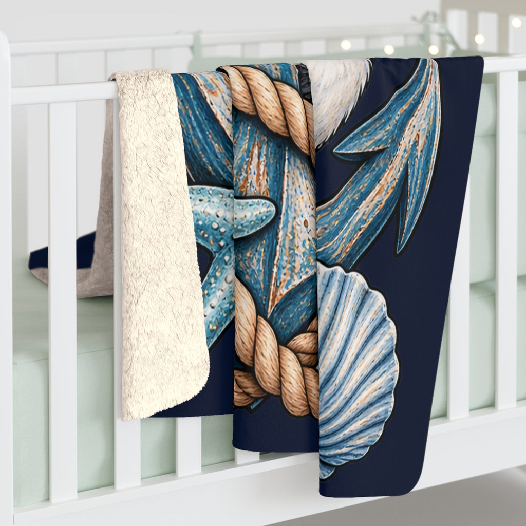 Nautical Seagull Sherpa Blanket — Cozy Anchor & Seashell Throw