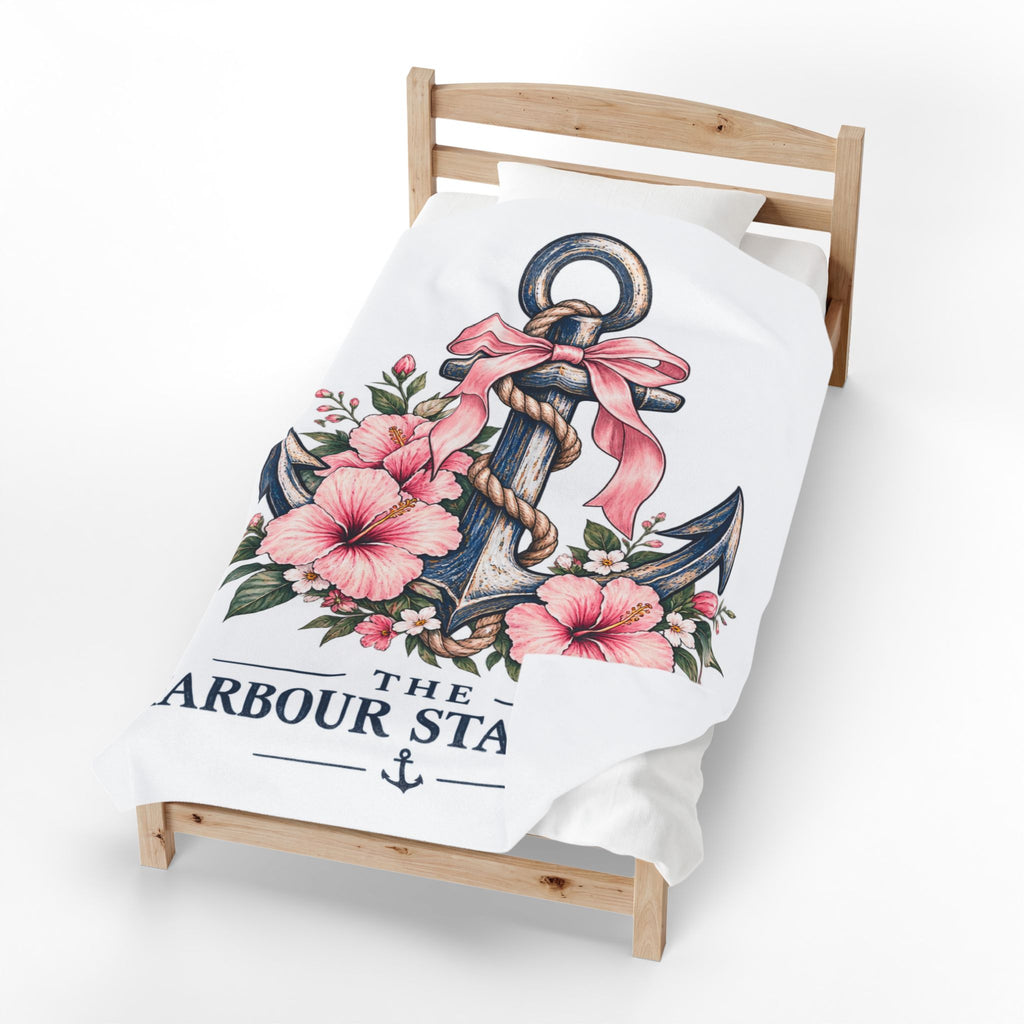 Anchor & Hibiscus Velveteen Plush Blanket — "The Harbour Standard" Nautical Throw