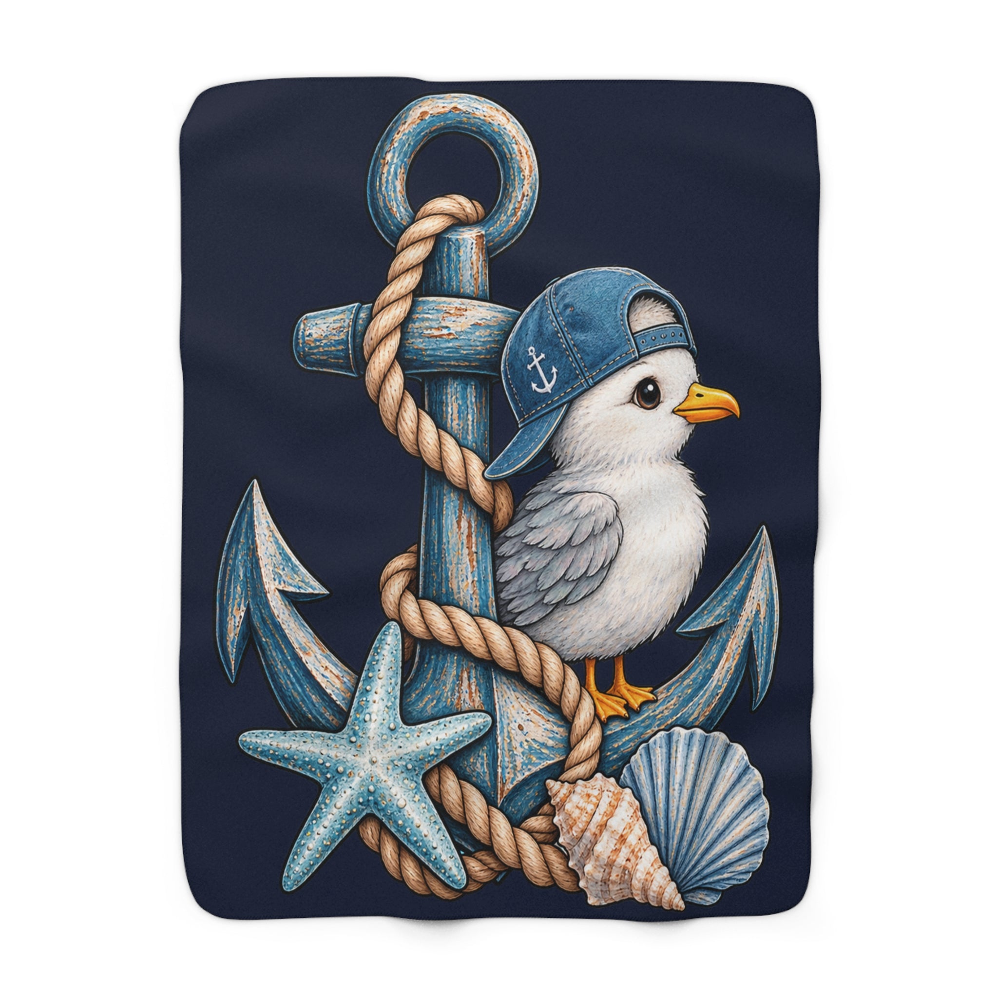 Nautical Seagull Sherpa Blanket — Cozy Anchor & Seashell Throw