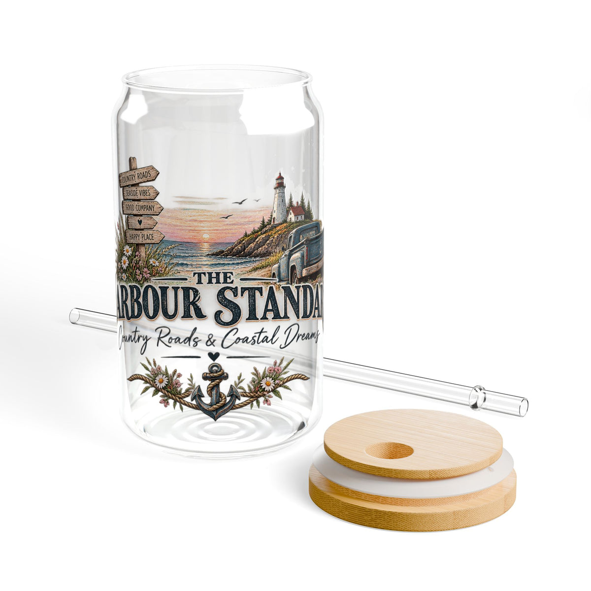 Harbour Stand Coastal Sipper Glass - 16oz Travel Tumbler with Bamboo Lid